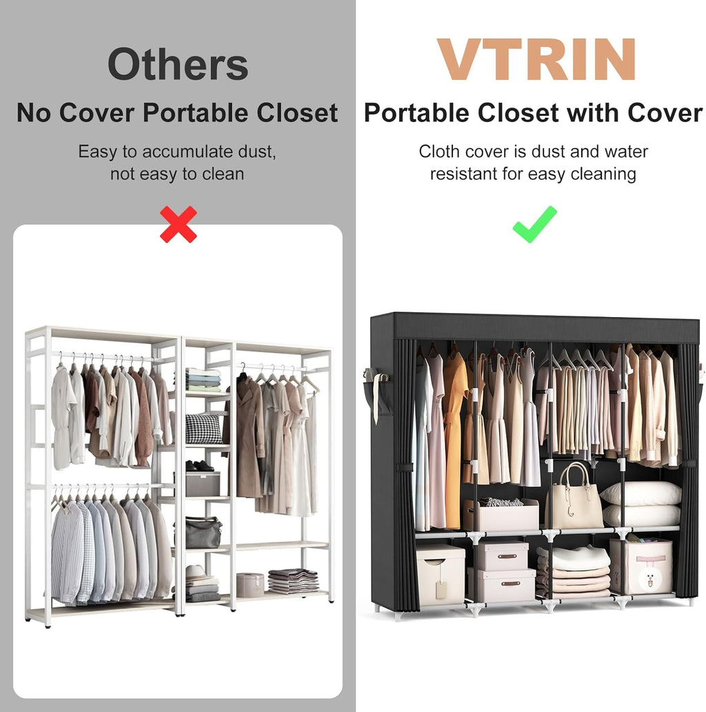 VTRIN Portable Closet - 67 Inch Wide Wardrobe with Cover, 4 Shelves & 4 Hanging Rods - Sturdy Black Design