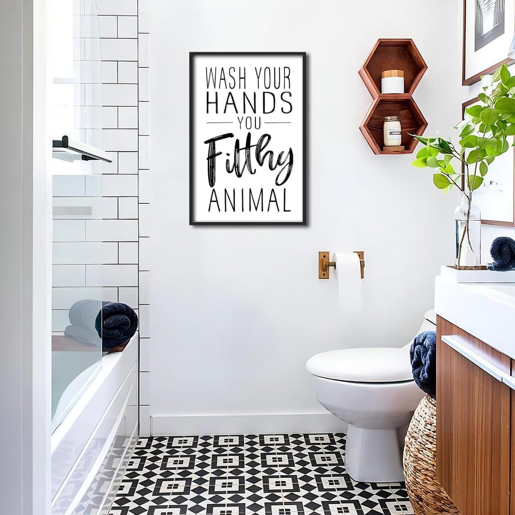 Skiennix Framed Black And White Bathroom Wall Art - Funny "Wash Your Hands" Poster | Modern Minimalist Canvas Print