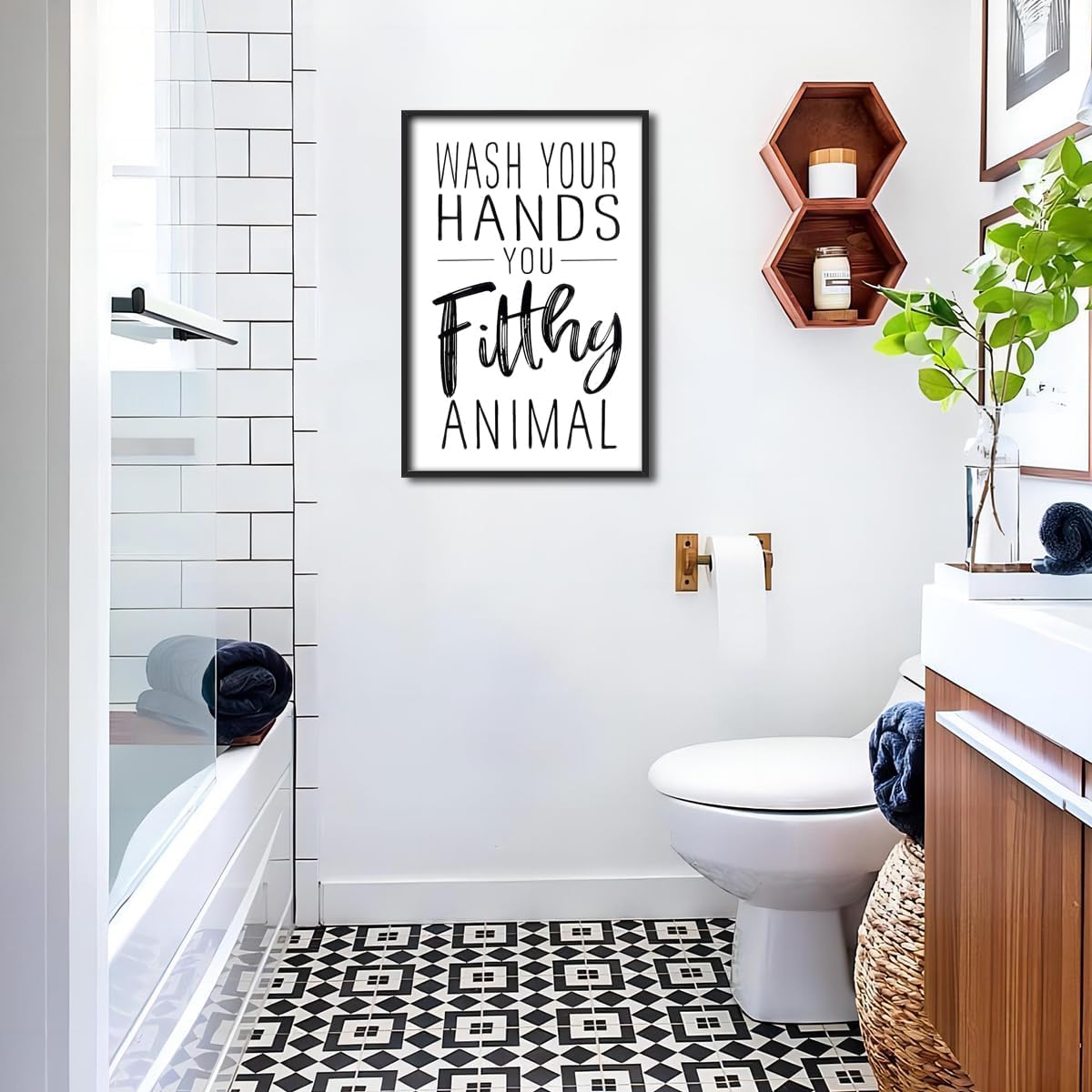 Skiennix Framed Black And White Bathroom Wall Art - Funny "Wash Your Hands" Poster | Modern Minimalist Canvas Print