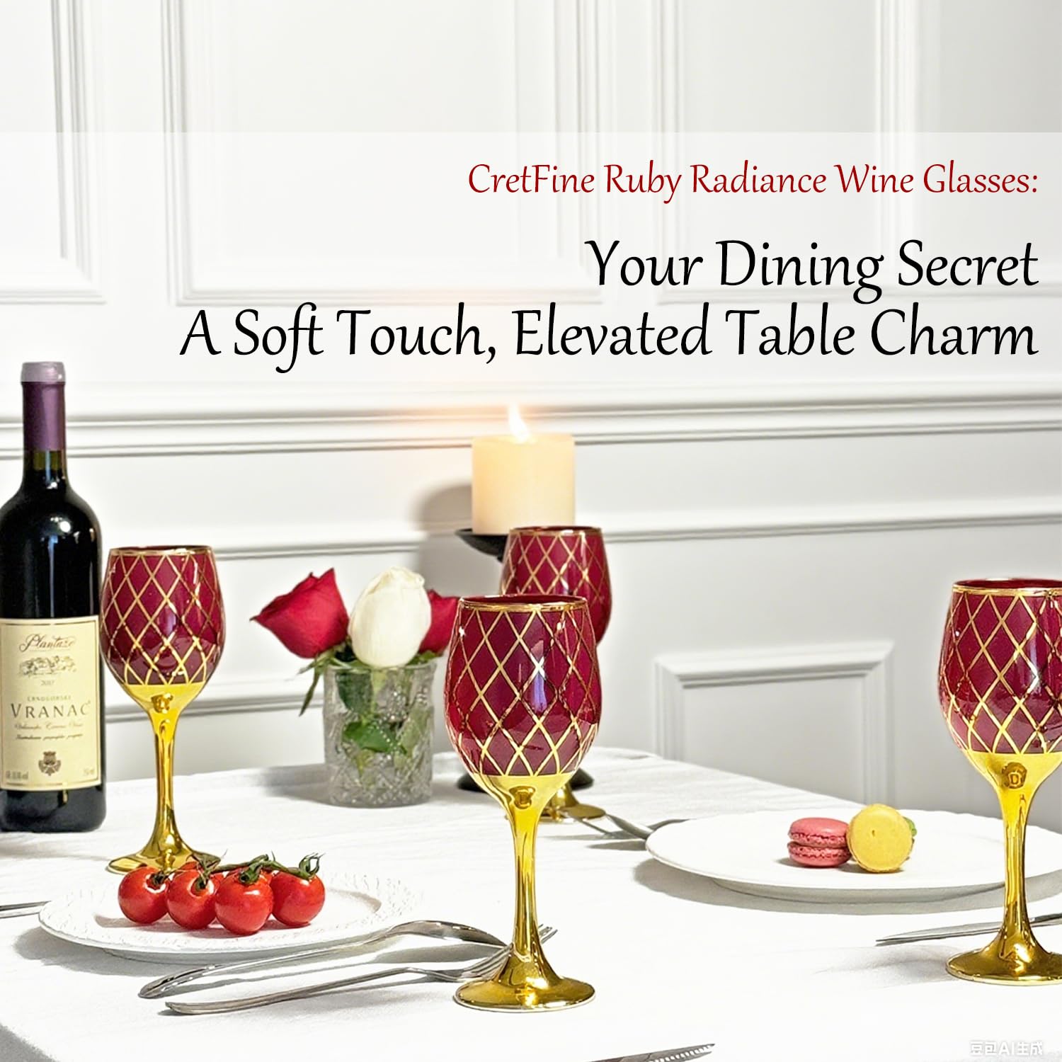 CretFine Red and Gold Wine Glasses Set of 6, Colored Stemmed and Rimmed Decorative Fancy Drinking Glass, for Gifts, Wedding, Thanksgiving, Birthday, Christmas Goblets Glassware Drinkware, 12oz