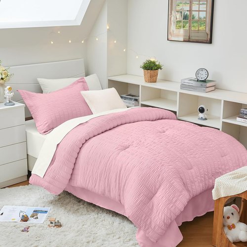 HYMOKEGE Twin XL Comforter Set - 5-Piece Seersucker Bedding in Pink/Ivory | All-Season Luxury Bed in a Bag