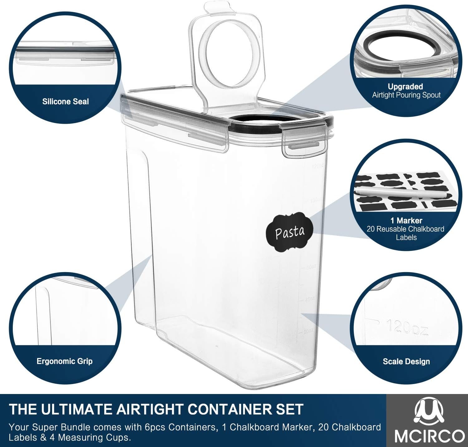 MCIRCO Cereal Container Set - Airtight Food Storage Dispensers with Measuring Tools | 6-Pack (4L/135.2oz)