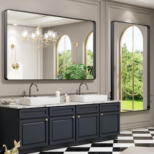 LOAAO Black Metal Framed Bathroom Mirror - Large 60x36 Inch Rounded Rectangle | Anti-Rust Tempered Glass