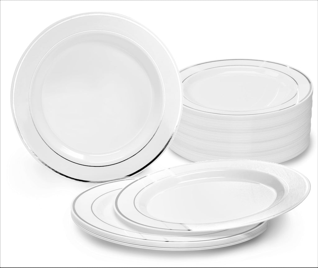 OCCASIONS 120 Plates Pack, Heavyweight Disposable Wedding Party Plastic Plates (7.5'' Appetizer/Dessert Plate, White & Silver Rim)
