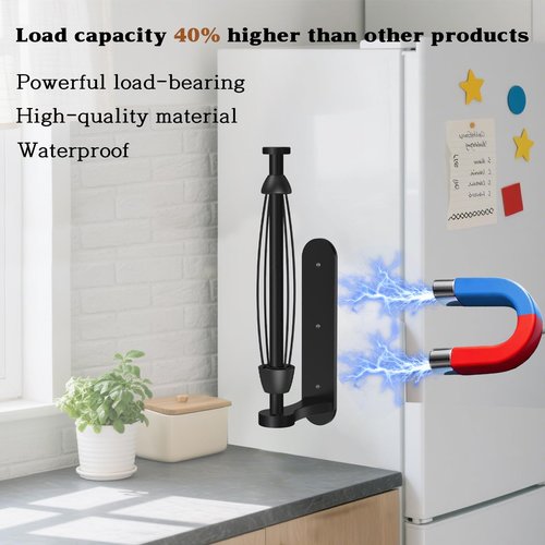 Magnetic Paper Towel Holder for Fridge - No Drill, One Hand Tear with Ratchet Mechanism, Black, Self-Adhesive & Wall Mount for Kitchen, RV, Garage