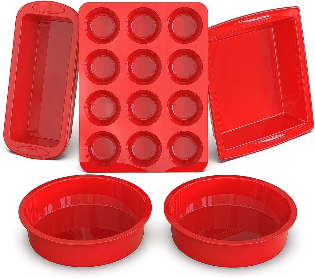 SILIVO Silicone Baking Pans Set - 5-Piece Nonstick Bakeware with Loaf, Muffin & Cake Pans - Oven Safe