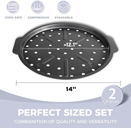 HONGBAKE 12-Inch Nonstick Pizza Pan Set - Air Crisping Design with Wide Handles | Perfect for Frozen & Homemade Pizza