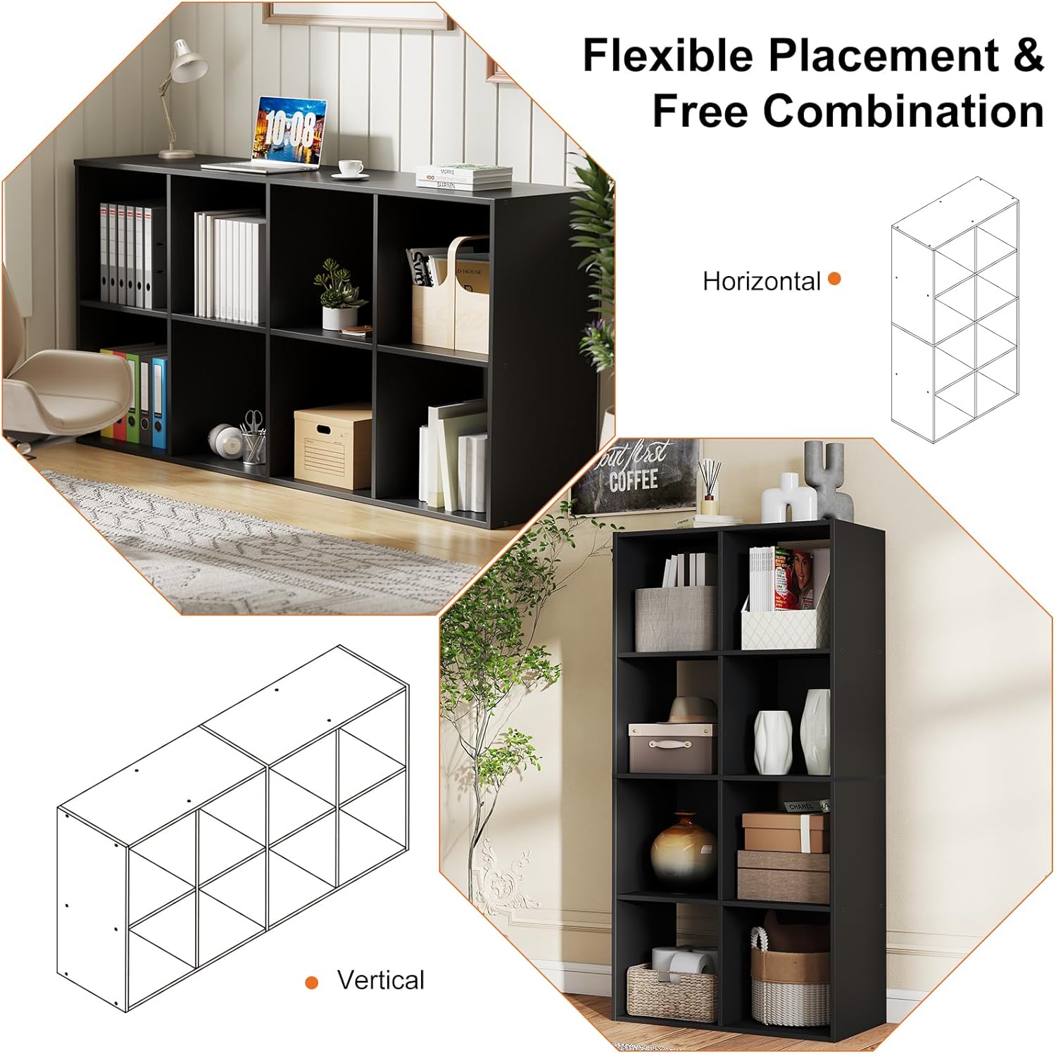 Sweetcrispy 8 Cube Storage Organizer - Versatile Open Cube Bookshelf with Removable Back Panels | 47.7" L × 11.6" W × 24" H, Black