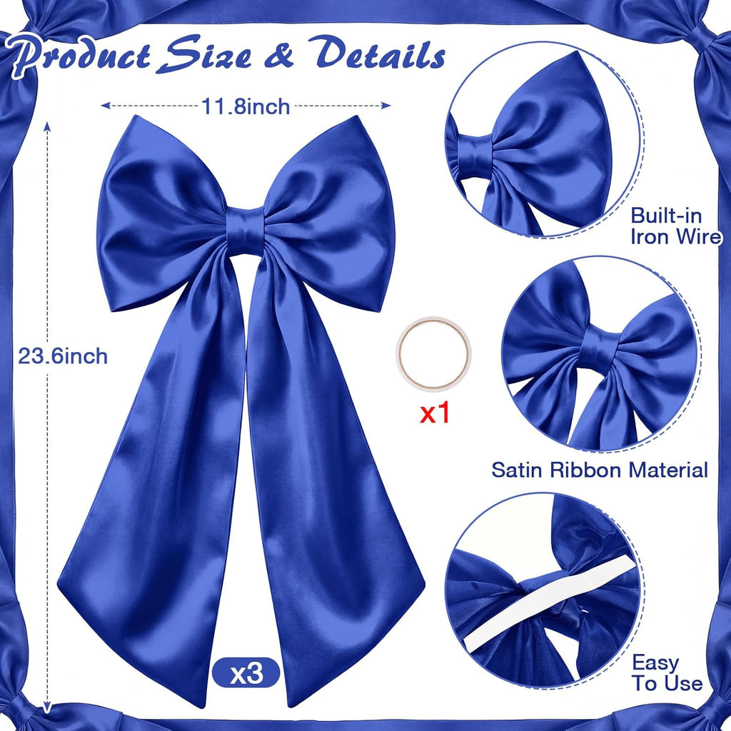 Suncalla 2 FT Large Satin Royal Blue Bow Decorations - 3 Pcs for Weddings & Parties