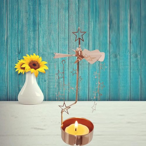Kingnero Rotary Candle Holder - Spinning Tea Light Carousel in Rose Gold Star | Perfect Small Gift
