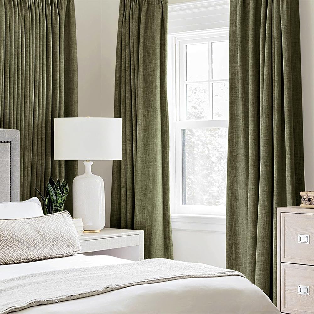 MIULEE Blackout Curtains - 100% Thermal Insulated Linen Texture - Light Olive Green, 52x45 Inch (2 Panels)