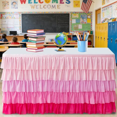 Pufogu Pink Tulle Table Skirt 6ft Tutu Ruffled Chiffon Tablecloth For Rectangle Wedding Baby Shower Girls Birthday Party and Cake Dessert Table Decorations(BrightRainbow, L6(ft), H30in)