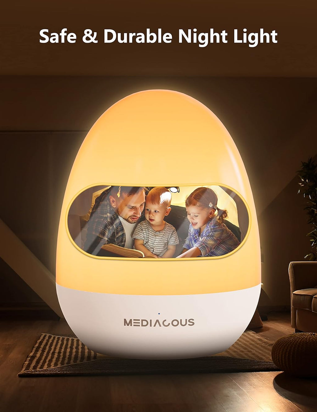 MediAcous Night Light - Dimmable Egg Lamp with Touch Control & Timer | Ideal for Kids' Nursery, 200H Battery Life