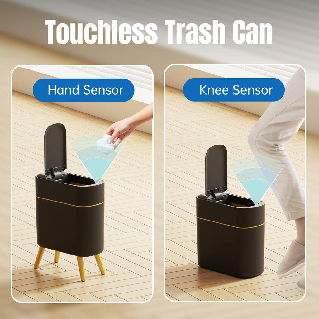Yatmung Bathroom Trash Can Automatic Touchless Modern Smart Trash Bin - Narrow Waste Basket for Bedroom, Laundry Room, Office, Plastic - Motion Sensor Garbage Can with Lid - Black with Gold Edge