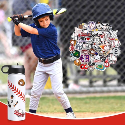 NJGCPRO Baseball Water Bottles for Boys, Stainless Steel Baseball Water Bottle Gifts Stuff for Boys & Kids with 50Pcs Stickers (18OZ)