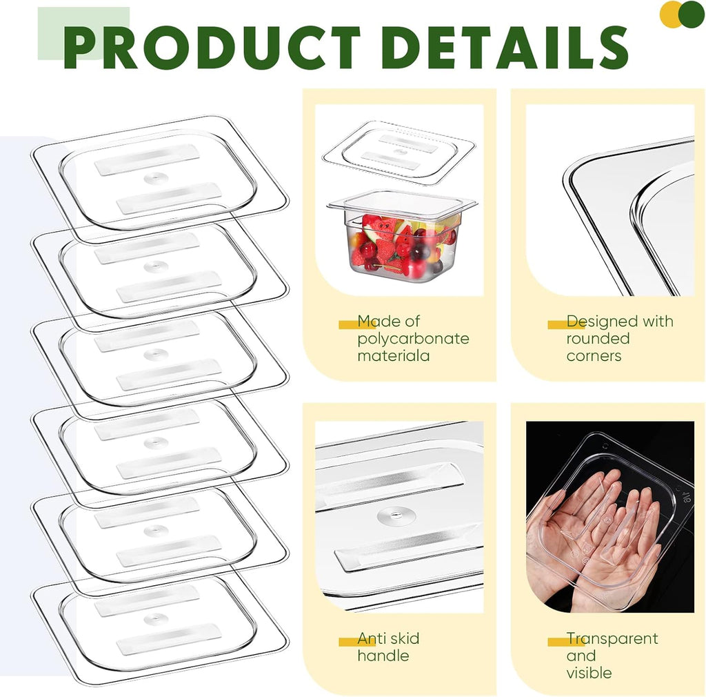 Polycarbonate Food Pan Lids by [Brand Name] - 6 Pcs Clear Plastic Covers with Handle | 1/6 Size 6.9 x 6.3 Inch