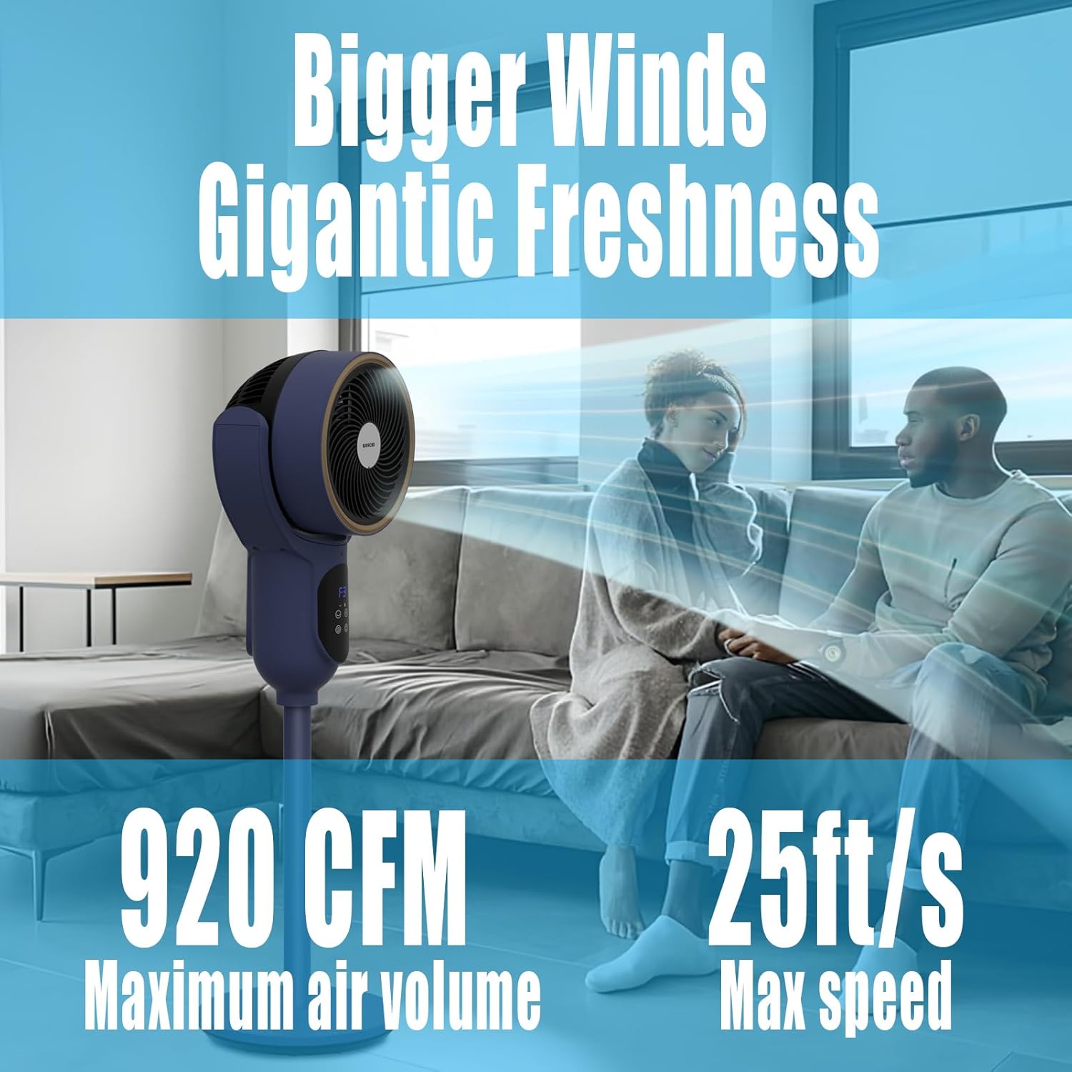 Skiennix Oscillating Tower Fan - 90° Auto Cooling Pedestal Fan for Bedroom & Office | Blue, 100ft Range