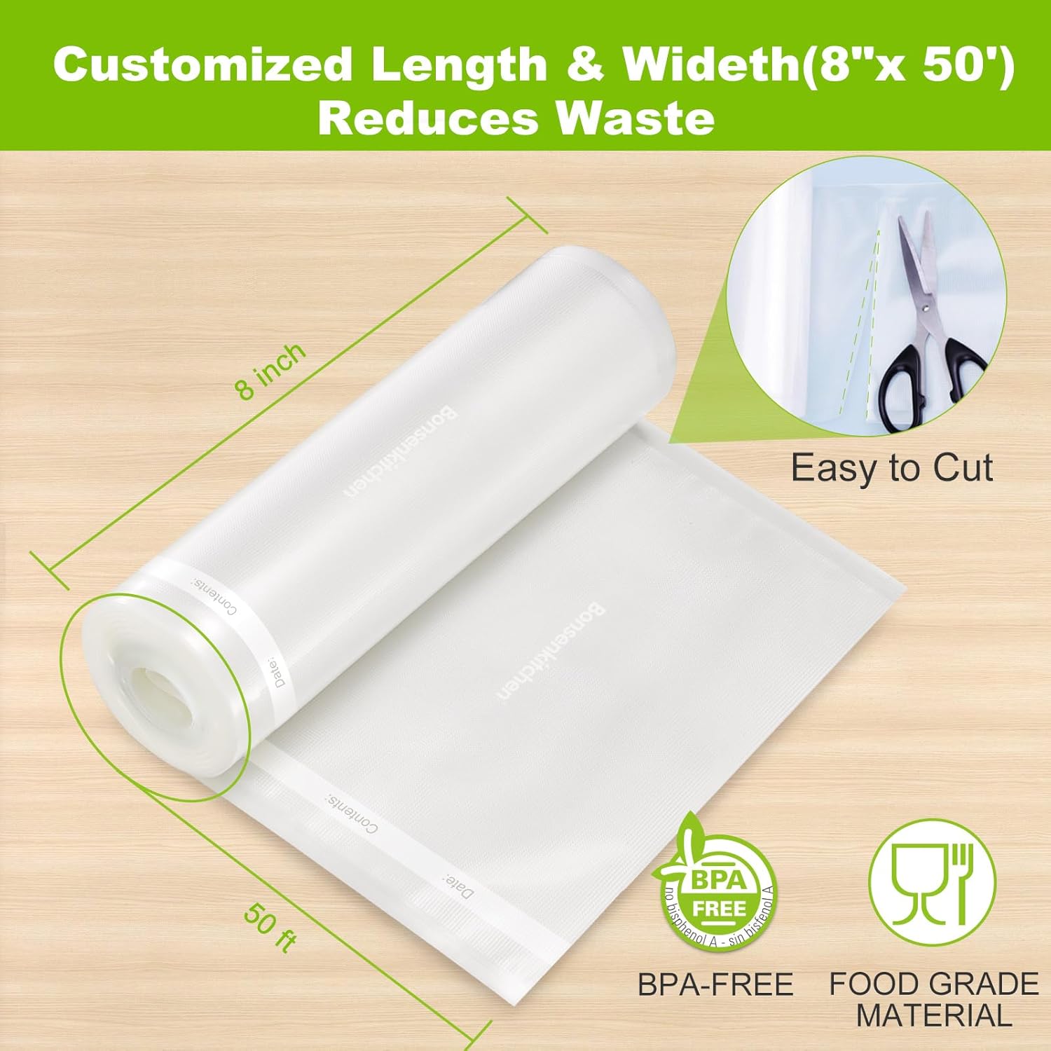 Bonsenkitchen Vacuum Sealer Bags - Heavy Duty 8" x 50' Rolls | BPA-Free Food Storage & Sous Vide Cooking