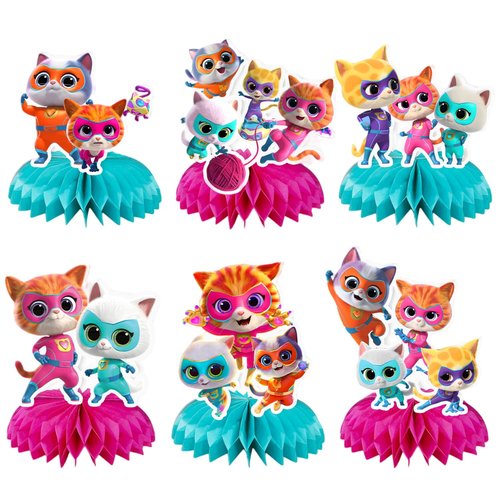 6Pcs Super Kitties Party supplies set Honeycomb Centerpieces Double Sided Table Topper for Super Kitties birthday party decoration