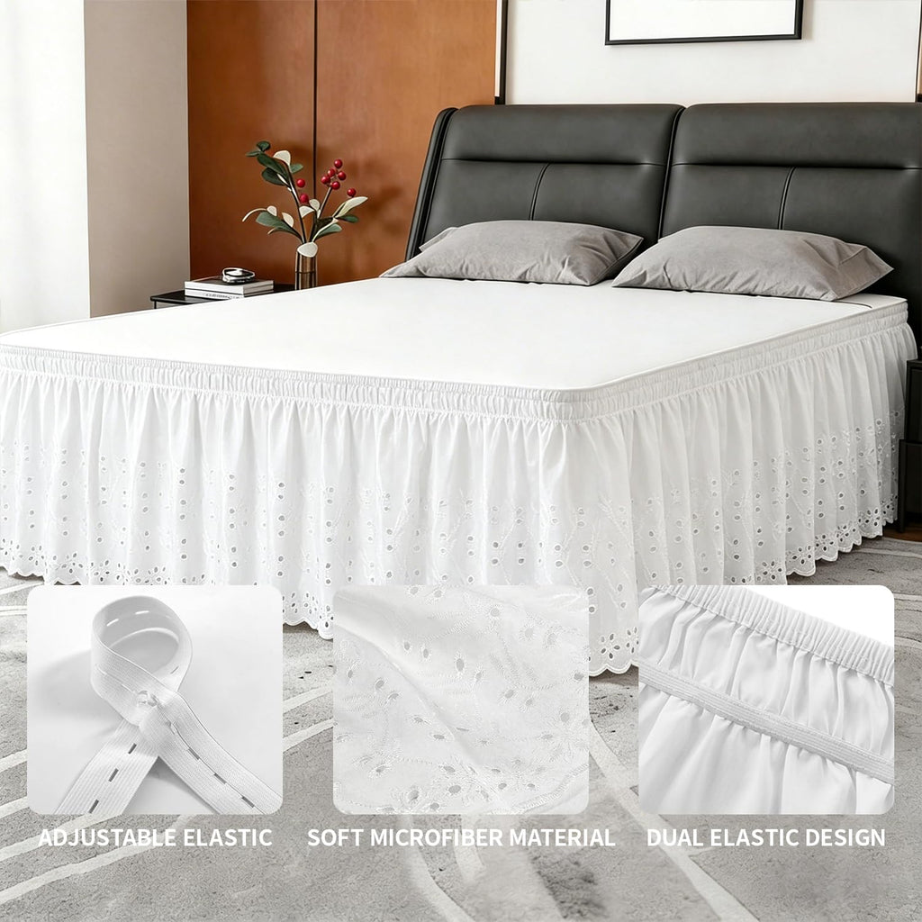 ANARACHON Queen Bed Skirt, Wrap-Around Elastic Ruffled Eyelet Bed Skirt Queen Size Dust Ruffle with Gathered Styling and Embroidered Details, 18" Drop Length (White)