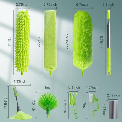 Microfiber Duster with Extension Pole 30 to 100'', Bendable Reusable Washable Feather Dusters for Cleaning High Ceiling Fan, Cobweb, Blinds, Keyboard, Furniture & Cars, Green Gift for Women (11 PCS)