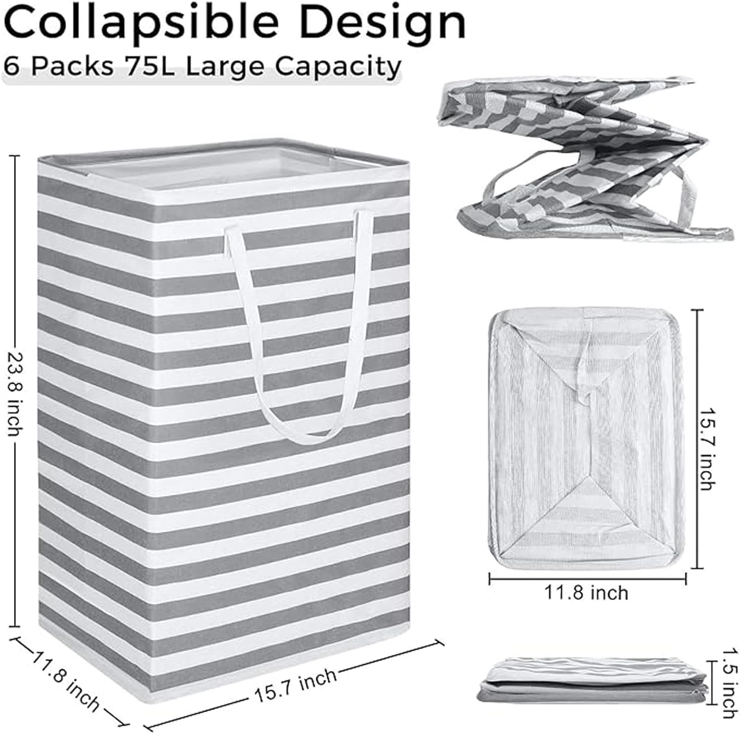 Regine Switzerland Large Collapsible Laundry Hamper - Waterproof Freestanding Basket with Easy Carry Handles | 75L Gray Storage Solution for Bedroom, Bathroom, College Dorm