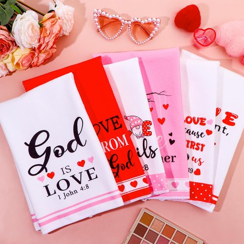 HCEWSBFD 6Pcs Christian Valentine's Day Kitchen Towels Religious Christian Hand Towel Black and White Truck Hand Towels Red Heart Love Dish Towel for Wedding Anniversary Cooking Gifts 16x24 Inch