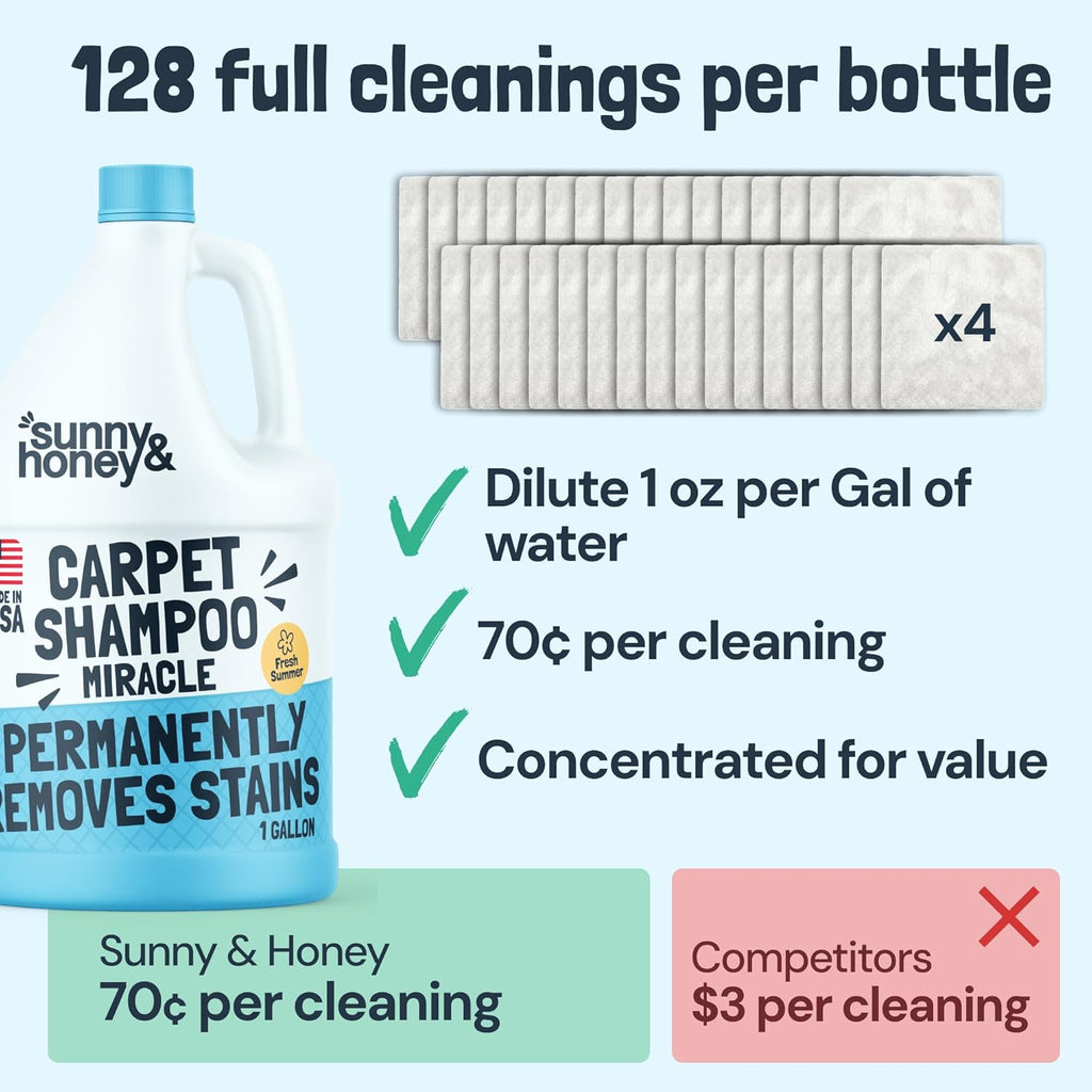 Sunny & Honey Carpet Cleaner Solution - Deep Stain Remover & Deodorizer for Pets - 128 fl oz Fresh Summer Scent