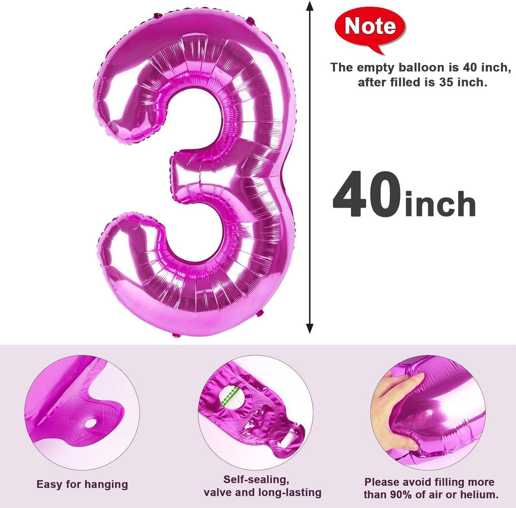 Numbers Balloon - 40 Inch Large Rose Purple 3 Balloon for Birthday Decor | Perfect for Three-Year-Old Celebrations