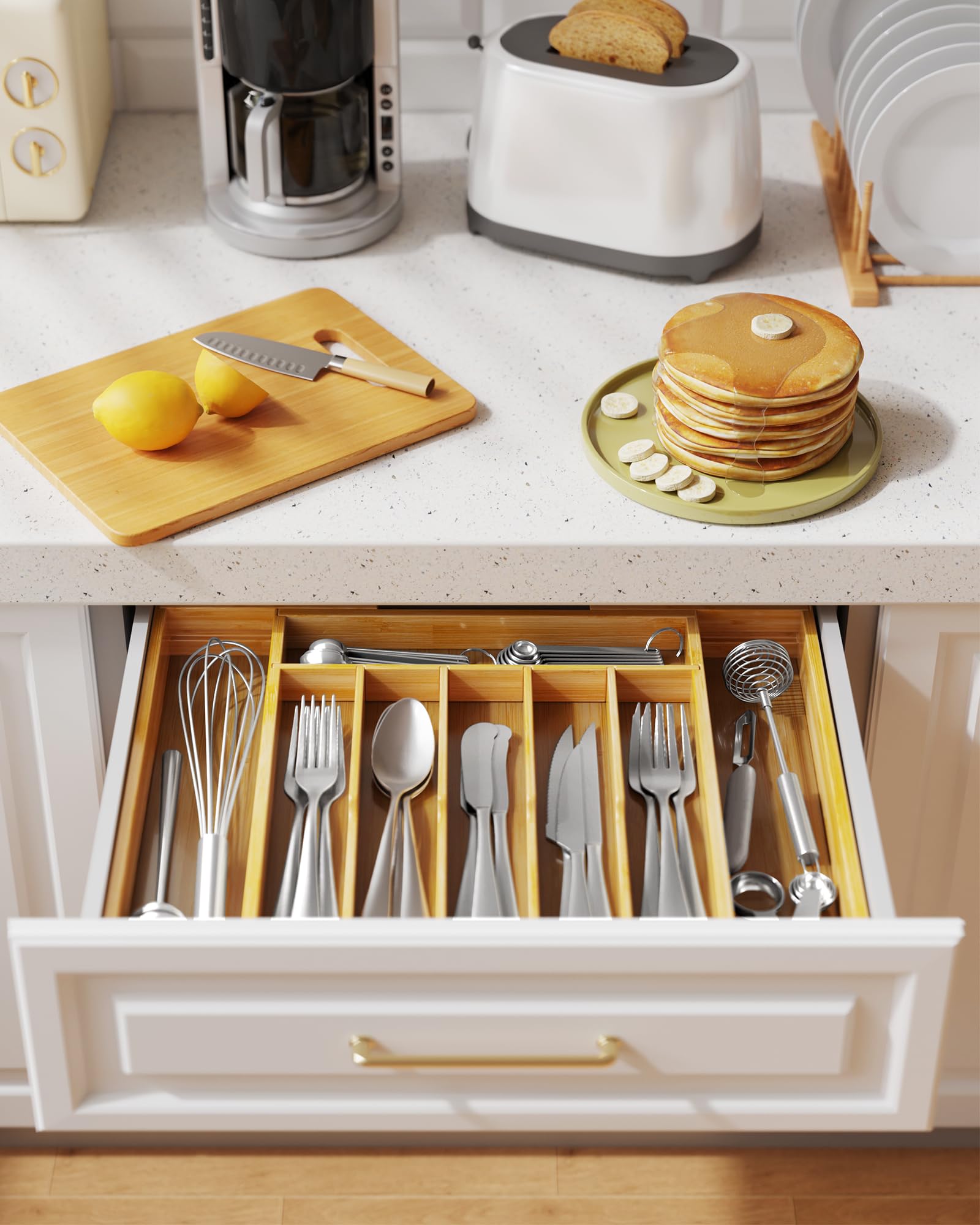 Kitsure Silverware Organizer - Expandable Bamboo Kitchen Drawer Organizer for Cooking Utensils and Cutlery, Sturdy & Thickened Kitchen Organizers and Storage Solution, Large, Natural