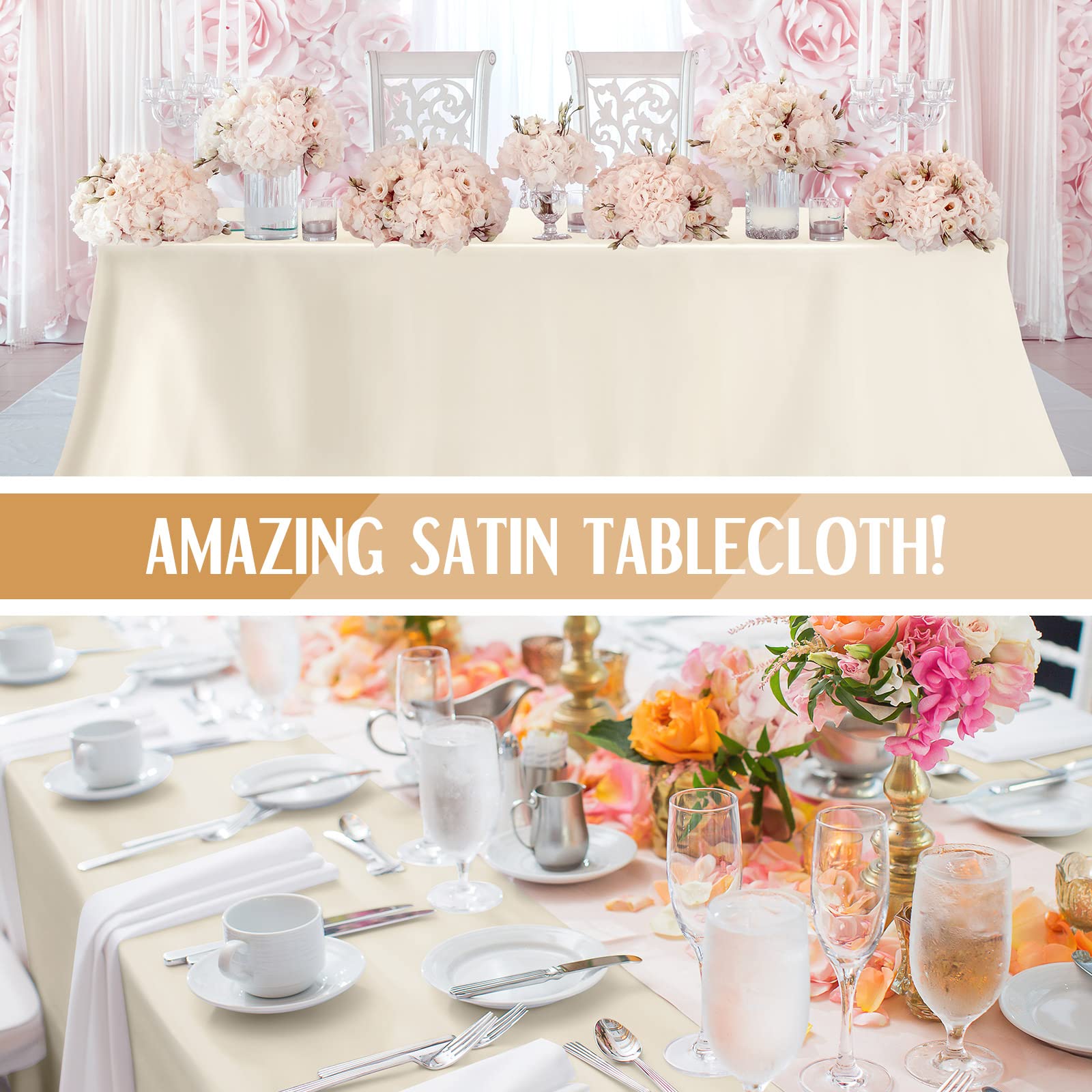 Lounsweer 8 Packs Satin Tablecloth 102 x 58 Inches Rectangle Table Cover Silk Smooth Fabric Party Table Cloth for Rectangle Parties, Holiday Dinner Wedding Banquet Decoration(Ivory)