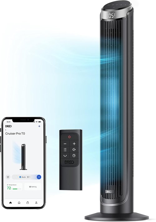 DREO Smart Tower Fan - 90° Oscillating 40" Standing Fan with 5 Speeds & Quiet Operation | Voice Control, Silver