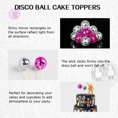 JOERSH 24pcs Disco Ball Cupcake Toppers - 1970s Disco Ball Picks Disco Theme Cake Decorations for Disco Theme Party 70s Disco Party Favor (Pink, Silver)