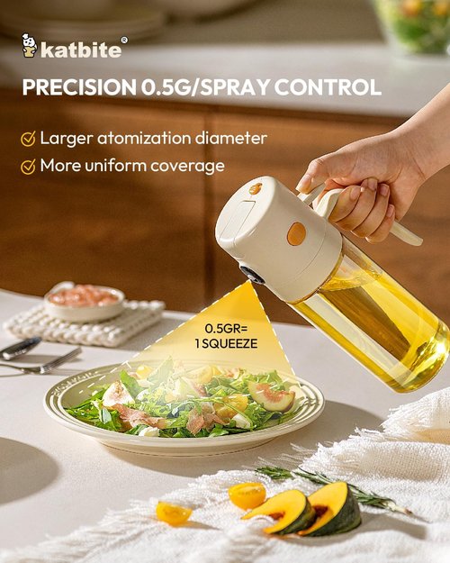 Katbite Olive Oil Dispenser Bottle - 2-in-1 Glass Oil Sprayer with Non-Drip Design | 18.6 oz Cream White