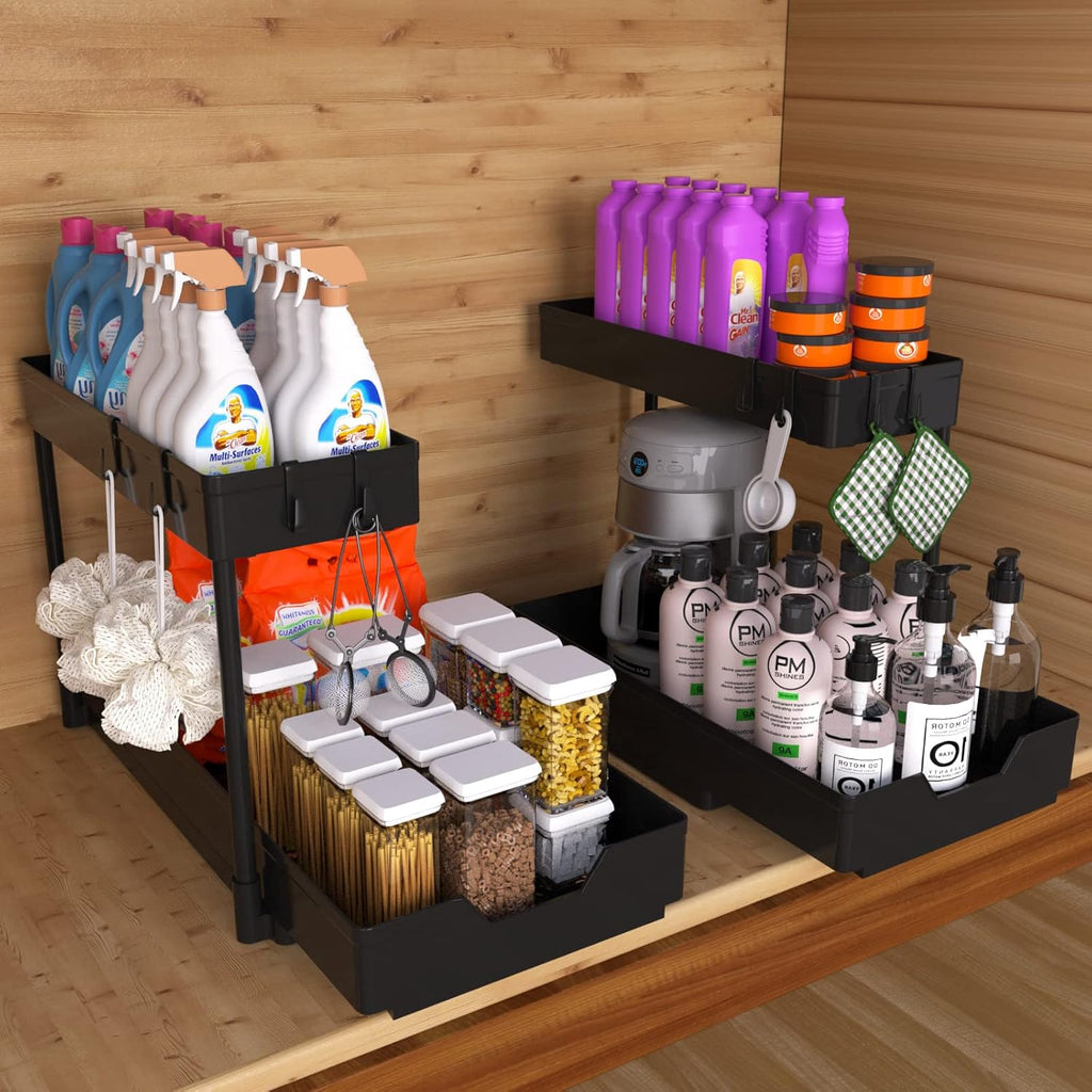 Nature's Source Under Sink Organizer - 2 Tier Sliding Cabinet Storage Baskets | L-Shape Design, Black