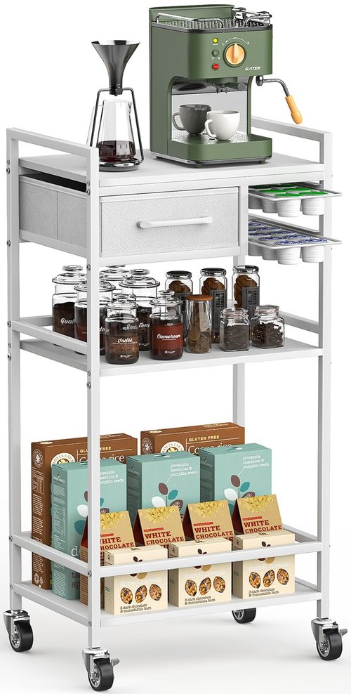 Housolution 4-Tier Coffee Bar Cart with Storage, 33" H Coffee Station Cabinet with Pod Drawers for Nespresso Vertuo, Mini Toaster Oven Stand Table for Home, Kitchen, Living Room (White + Grey)