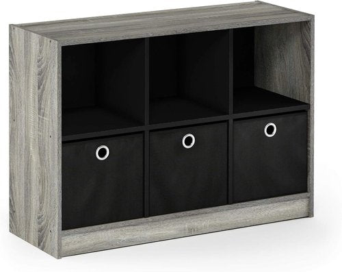 Furinno Basic 3x2 Cube Storage Bookcase - Stylish Organizer with Bins | French Oak Grey/Black