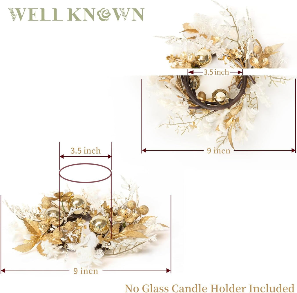 Well Known Mini Golden White Floral Candle Rings - 9" Decorative Wreaths for Home & Events