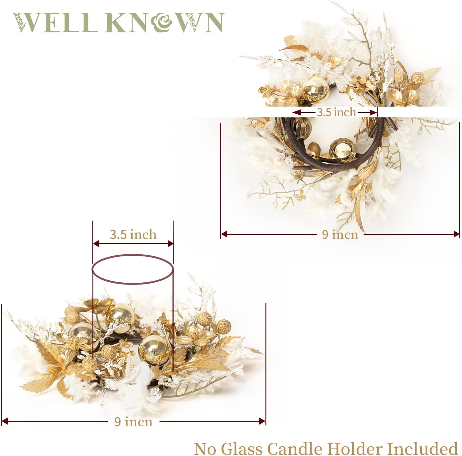 Well Known Mini Golden White Floral Candle Rings - 9" Decorative Wreaths for Home & Events