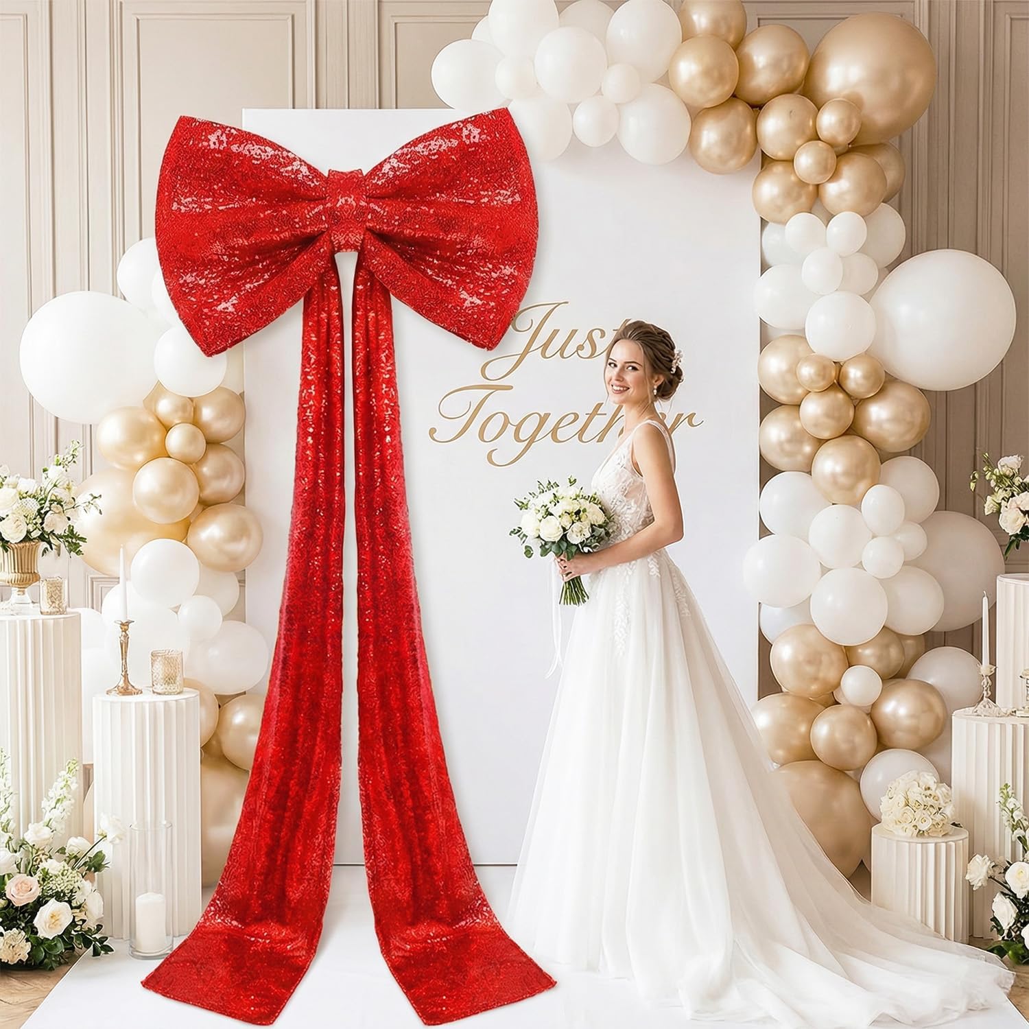 Skiennix Giant Red Sequin Bow - Oversized 75 x 23 Inch Decoration for Weddings & Parties