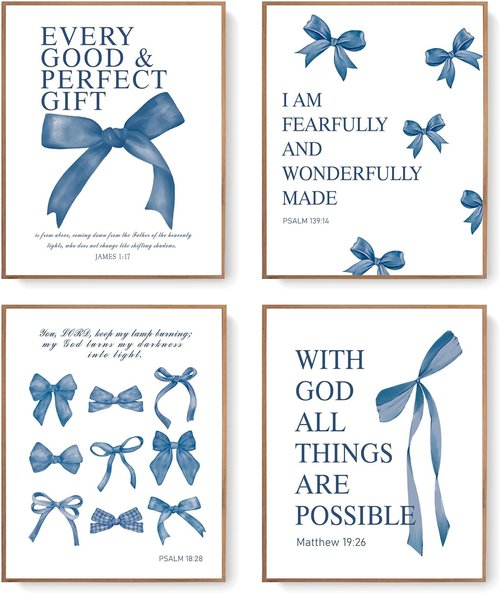 LARTSFRO Coquette Navy Blue Bow Wall Art - Aesthetic Decor for Teen Girls | Set of 4 Unframed 10x8 Inch Prints