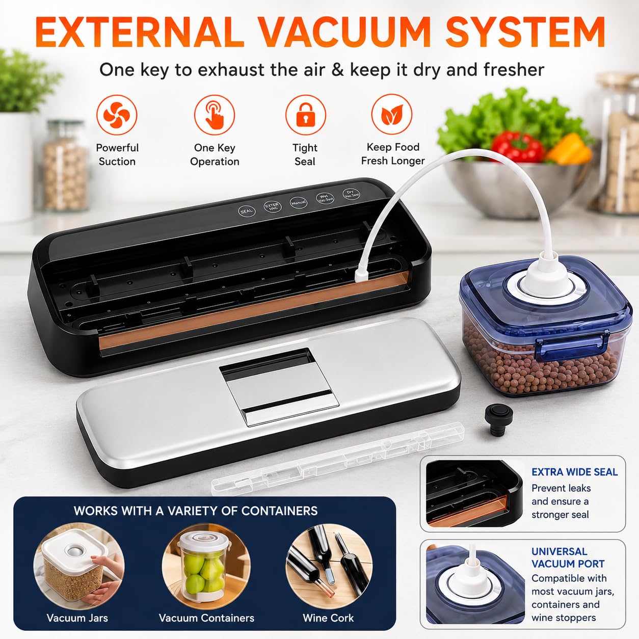 85KPa Vacuum Sealer Machine, One-Touch Automatic Food Sealer with 15 Bags, Dry/Moist/Seal/Manual/External Vac, 7MM Heating wire, Compact Easy-Clean for Food Storage and Sous Vide