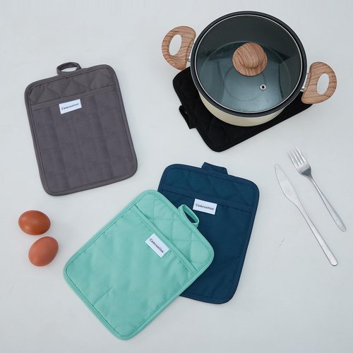 Camruntius Kitchen Pot Holders, 7"x9", Rectangular with Pocket, Cotton and Neoprene Heat-Resistant Potholders for Cooking and Baking, Machine Washable, 3-Piece Set (Sky Blue)