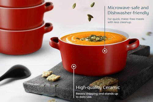Kook Soup Crocks - Stackable Ceramic Bowls | Oven, Microwave & Dishwasher Safe - 18 oz, Set of 4 (Matte Red)