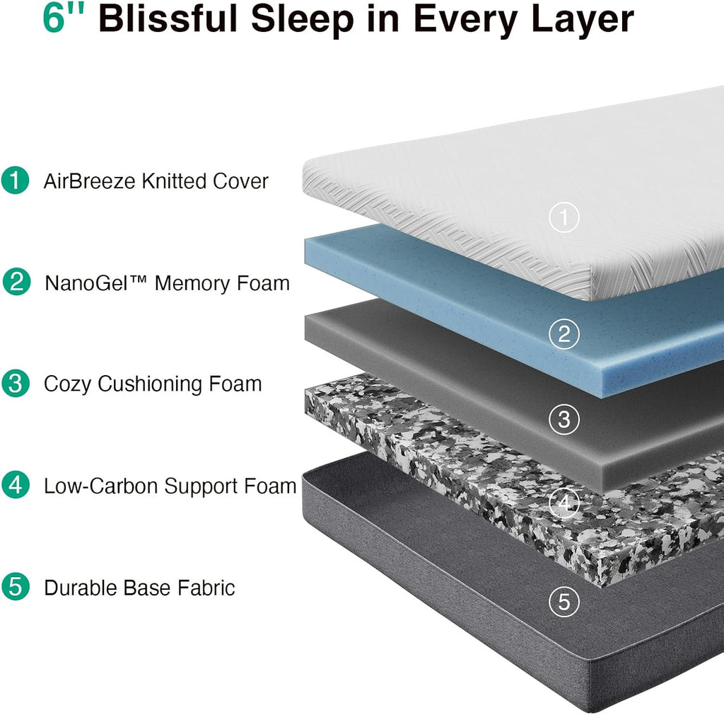 Novilla Twin XL Mattress - 6-Inch Gel Memory Foam for Cool Sleep & Pressure Relief | Medium Firm XL Size
