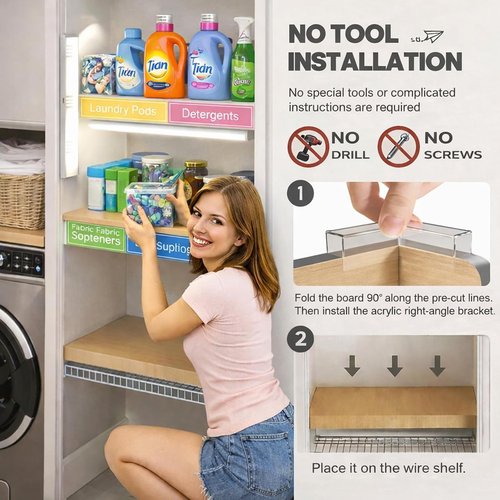 5 PCS Wire Rack Covers 24×12 in, Wood Grain PVC Shelf Covers with LED Motion Light &Labels, Renter Friendly, Easy-Cut Moisture-Resistant No-Tool, No-Drill Install for Pantry, Laundry, Kitchen, Garage