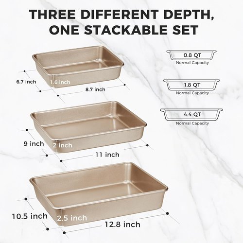 HONGBAKE Nonstick Deep Baking Pans Set - Rectangle Sheet Cake Trays for Brownies & Lasagna | 13/11/9 Inch