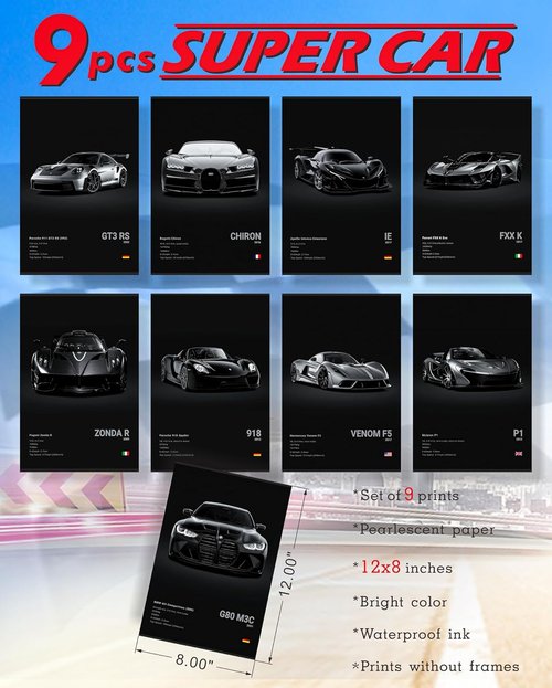 Dazongweihan 9-Piece Racing Car Poster Set - Cool Wall Art for Boys' Rooms | Unframed 8x12 Inch Decor