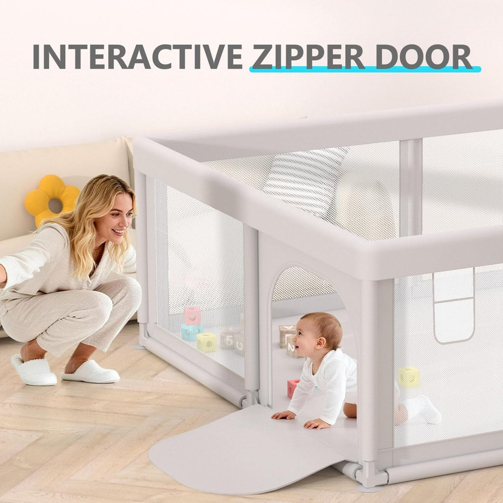 Skiennix Baby Playpen - Breathable Mesh Indoor & Outdoor Play Yard for Toddlers - Grey