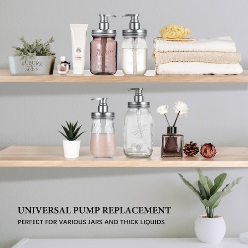 Amolliar Plastic Mason Jar Soap Dispenser Lids - Universal Pump Replacement for Regular Mouth Jar Farmhouse Decor for Kitchen, Bathroom, Dish Soap, Lotions, Hand Soap (2 Pack, Silver)